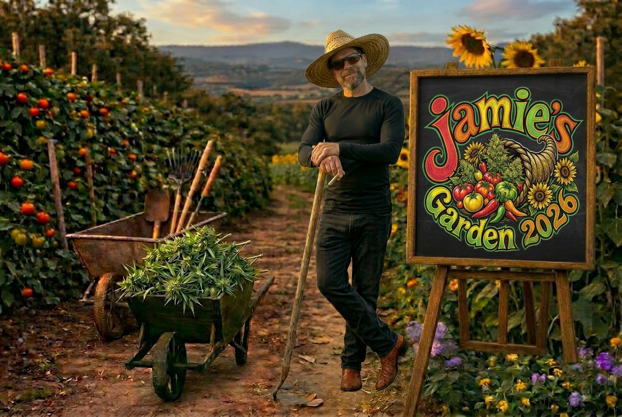 Jamie leaning on a hoe beside the Jamie's Garden 2026 sign